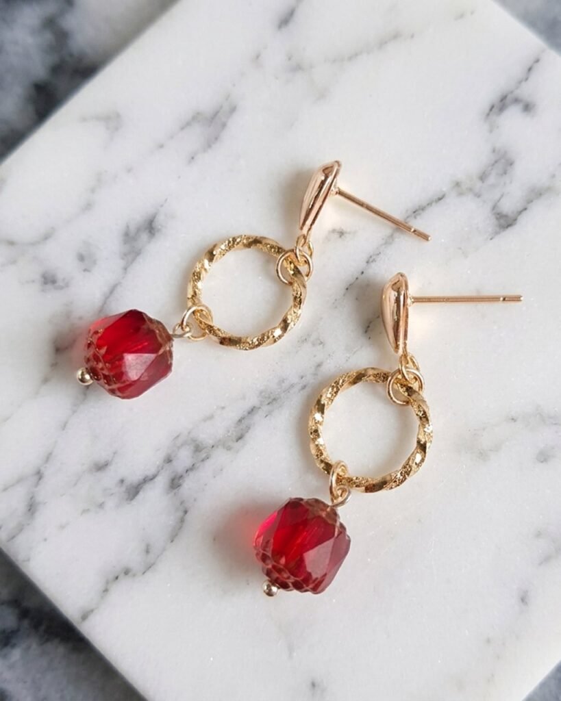 Ruby Red Faceted Bead Drop Earrings